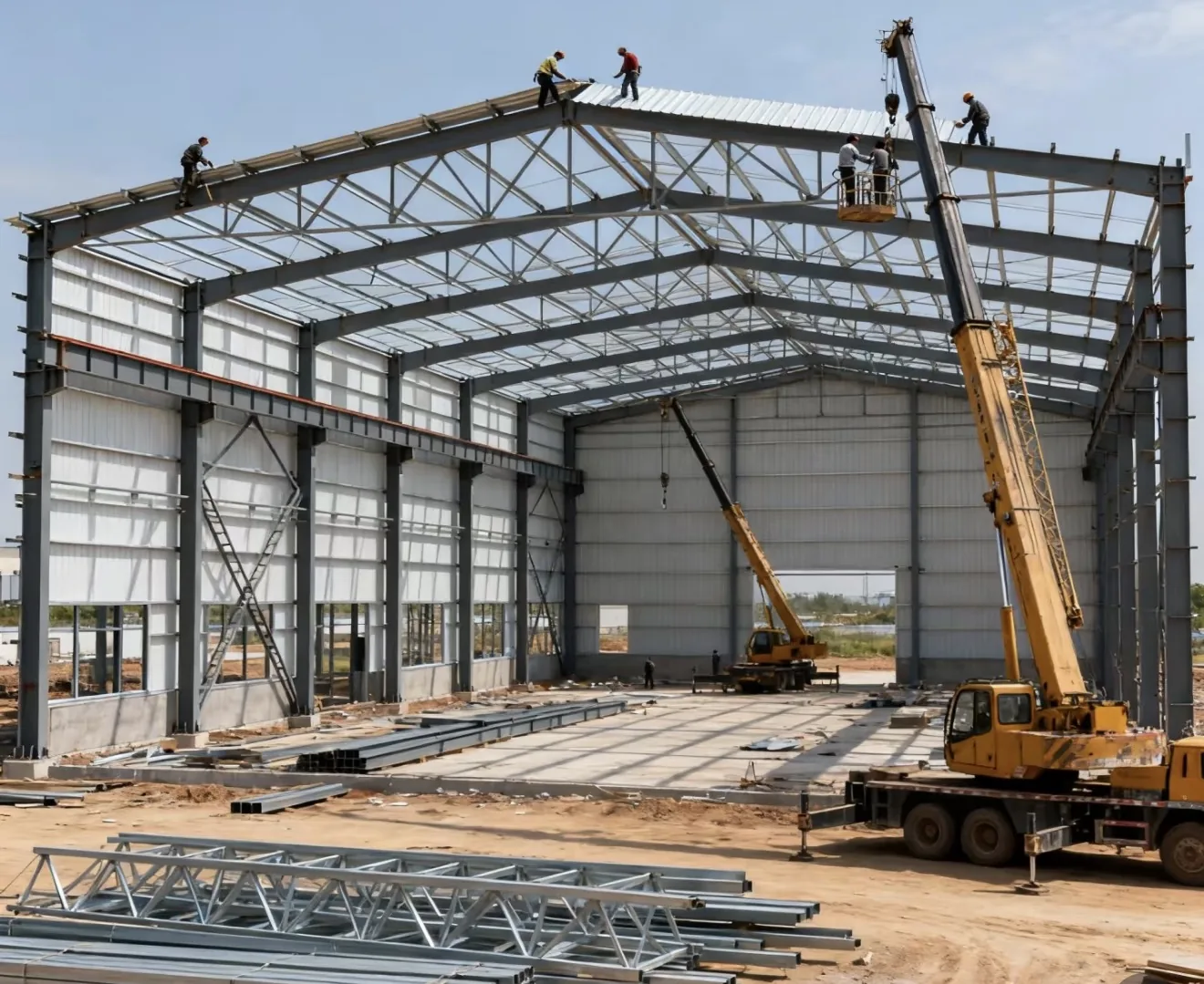 Steel erection during building construction